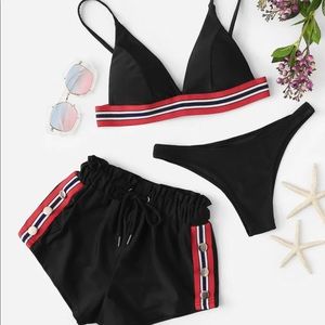 Sporty stripe 3 piece cheeky bikini set and shorts